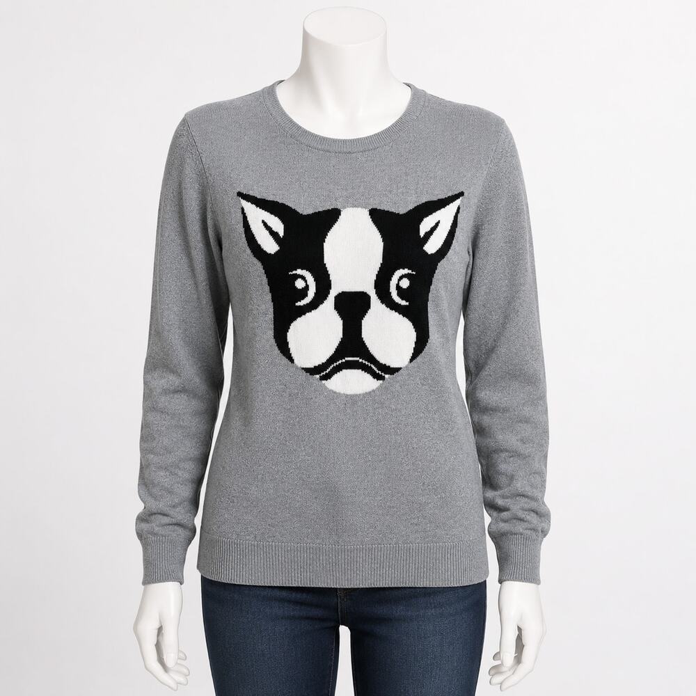 Bass Boston Terrier Dog Sweater Medium Gray Cotton Lightweight Knit Pullover